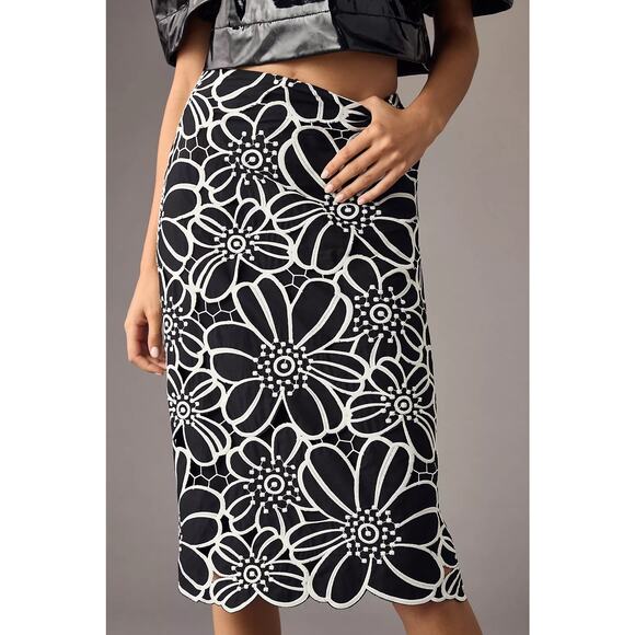New Anthropologie Maeve Floral Cutwork Midi Skirt $158 SIZE 2 Black and White - Picture 2 of 8